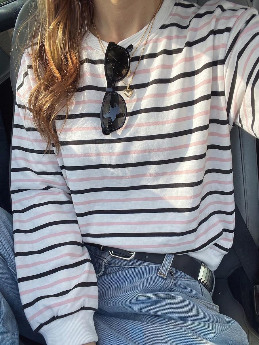 Women's Striped Print Crew Neck Sweatshirt, Loose Drop Shoulder Casual Long Sleeve Pullover - White - View 1