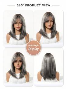 16 Inch Women's Short Burgundy/Gradient Gray Layered Clavicle Length Wig, Natural Straight Look Heat-Resistant Fiber, Breathable Rose Net Cap, Suitable For Daily Wear, Commuting, Party, Date, Fashion Head Accessory - Multicolor - View 8