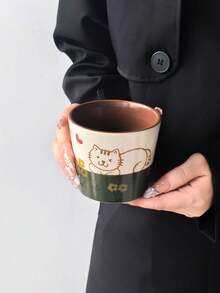1 buah Mug Keramik Vintage Lukisan Tangan dengan Warna Kontras, Kucing & Hati Lucu / Cangkir Kopi Bunga Hitam, Cangkir Minum Rumahan - MultiWarna - View 12