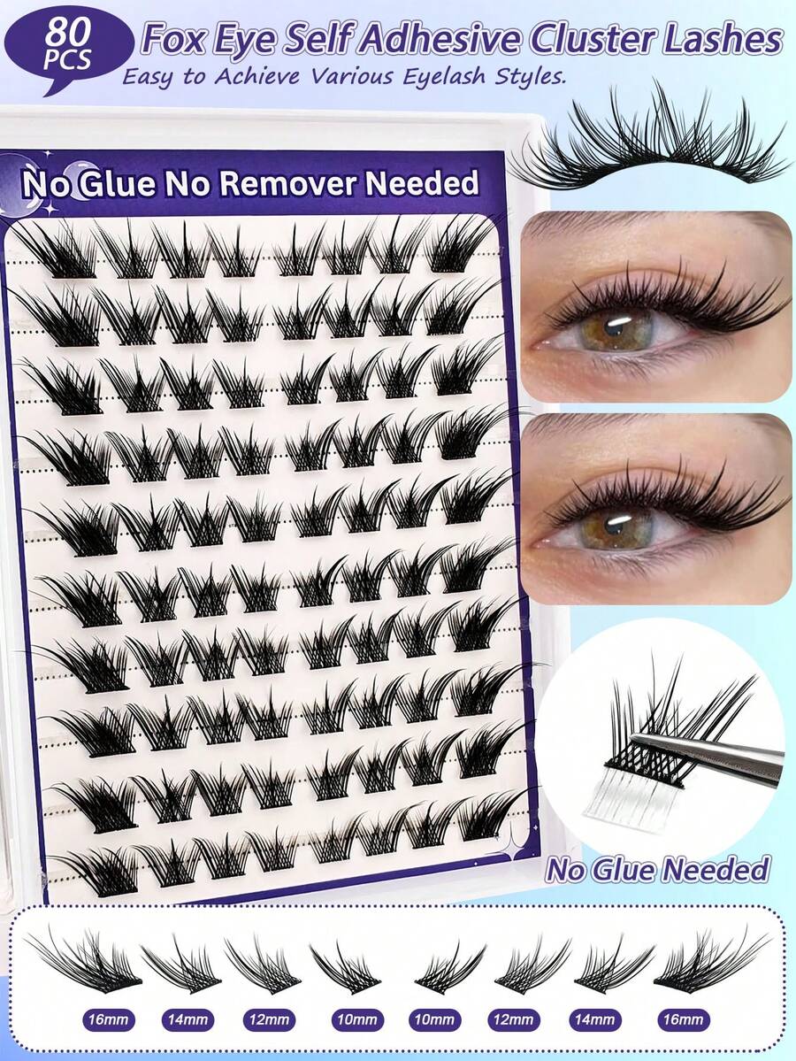 80pcs C Curl Self-Adhesive False Eyelash Clusters, Fox Eye Cartoon Style No Glue Needed Single Cluster False Eyelashes, Invisible Tape Long-Lasting Durable, No Sticky Residue Pre-Glued False Eyelashes - C - View 1