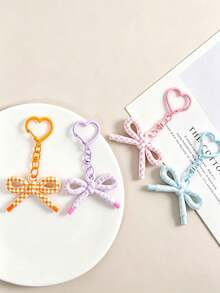 10/5/1pc Colorful Plaid Polka Dot Bow Keychain, Heart Buckle Cute Bag Pendant, Macaron Color Bow Hanging Decoration Accessory - Multicolor - View 6