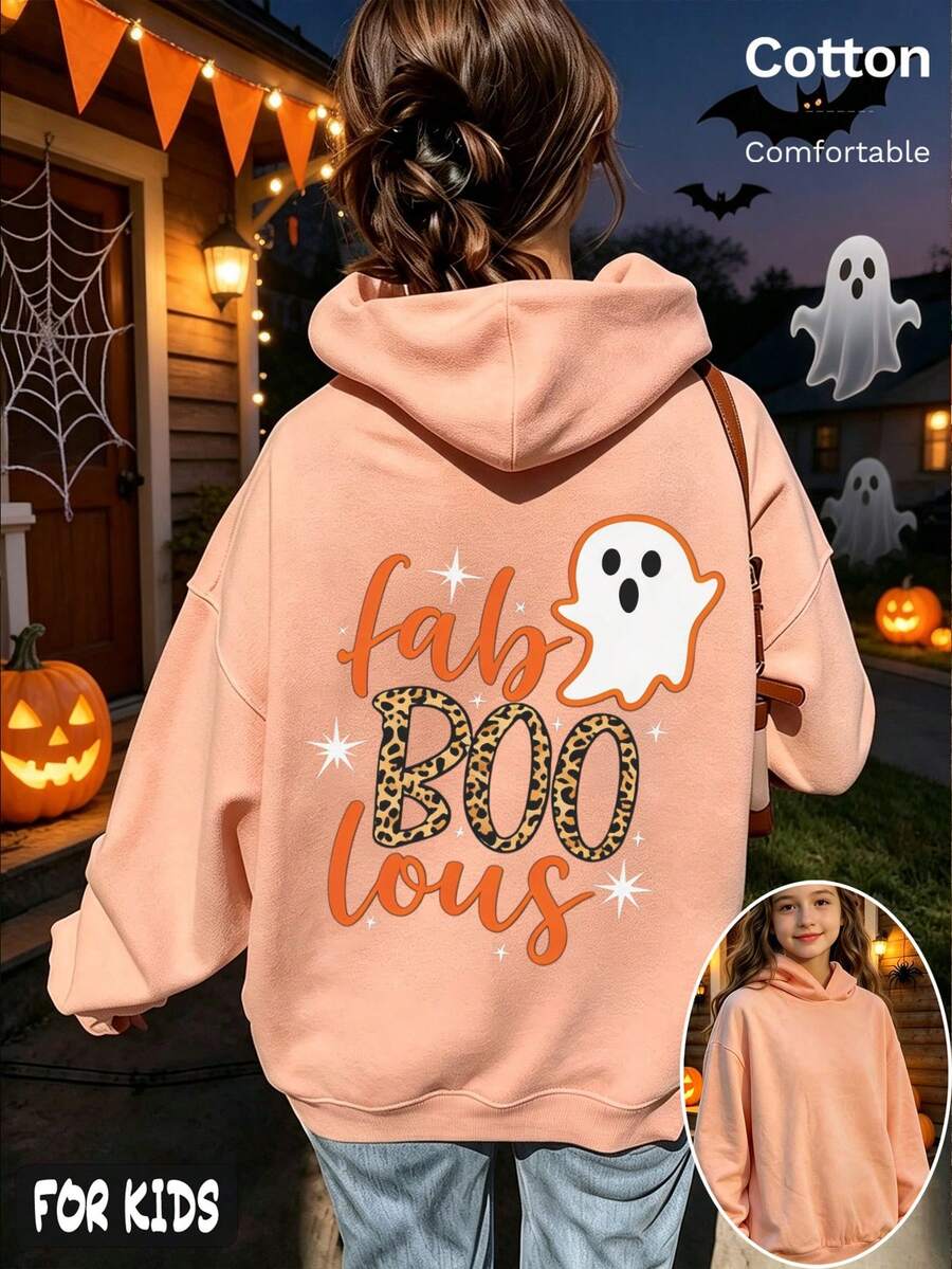 هودي وردي رقيق للبنات في عيد الهالوين مع نص Fab BOO Lous وطباعة شبح على الظهر، بلوزة قطنية للأطفال - برتقال شمام - مشاهدة 1