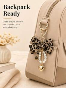 1pc Y2K Leopard Print Bow Heart Pendant Faux Pearl Keychain, Leopard Print Bow Women's Bag Charm, Leopard Print Bow Key Chain Key Ring, Fabric Ribbon Bow Pearl Beaded Heart Tassel Key Chain, Beautiful Car Key Chain And Wallet Accessory, Backpack Hanging Chain, Wallet Charm Accessory, Bag Accessory, Christmas Gift - Multicolor - View 6