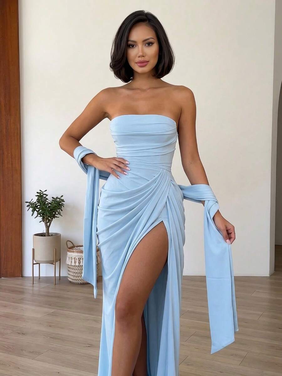 DOUCIU French Style Asymmetrical Pleated High Slit Women's Dress, Waist-Defining Design, Suitable For Parties And Beach Vacations - Baby Blue - View 1