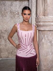 Modphy New Women's Sexy Square Neck Sleeveless Backless Heavy Embellished Rhinestone Fringe Bandage Long Dress, Wedding Party Formal Evening Gown - Pink - View 5