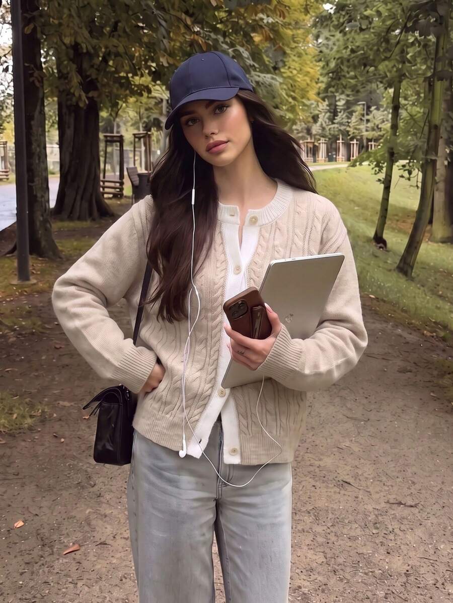 Korean Slouchy Khaki Cable Knit Cardigan, Contrast Collar Button Front Loose Sweater, Suitable For Autumn Back To School And Commute - Khaki - View 1
