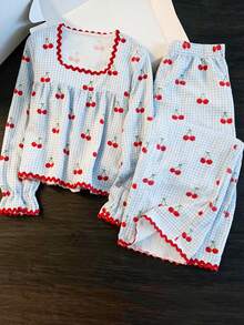 Autumn Girls Cherry Print Blue Pajama Set 2pcs, Red Wavy Edge Long Sleeve Top + Pants, Soft & Loose Fit, Suitable For Teenagers Home Casual Wear - Blue - View 1