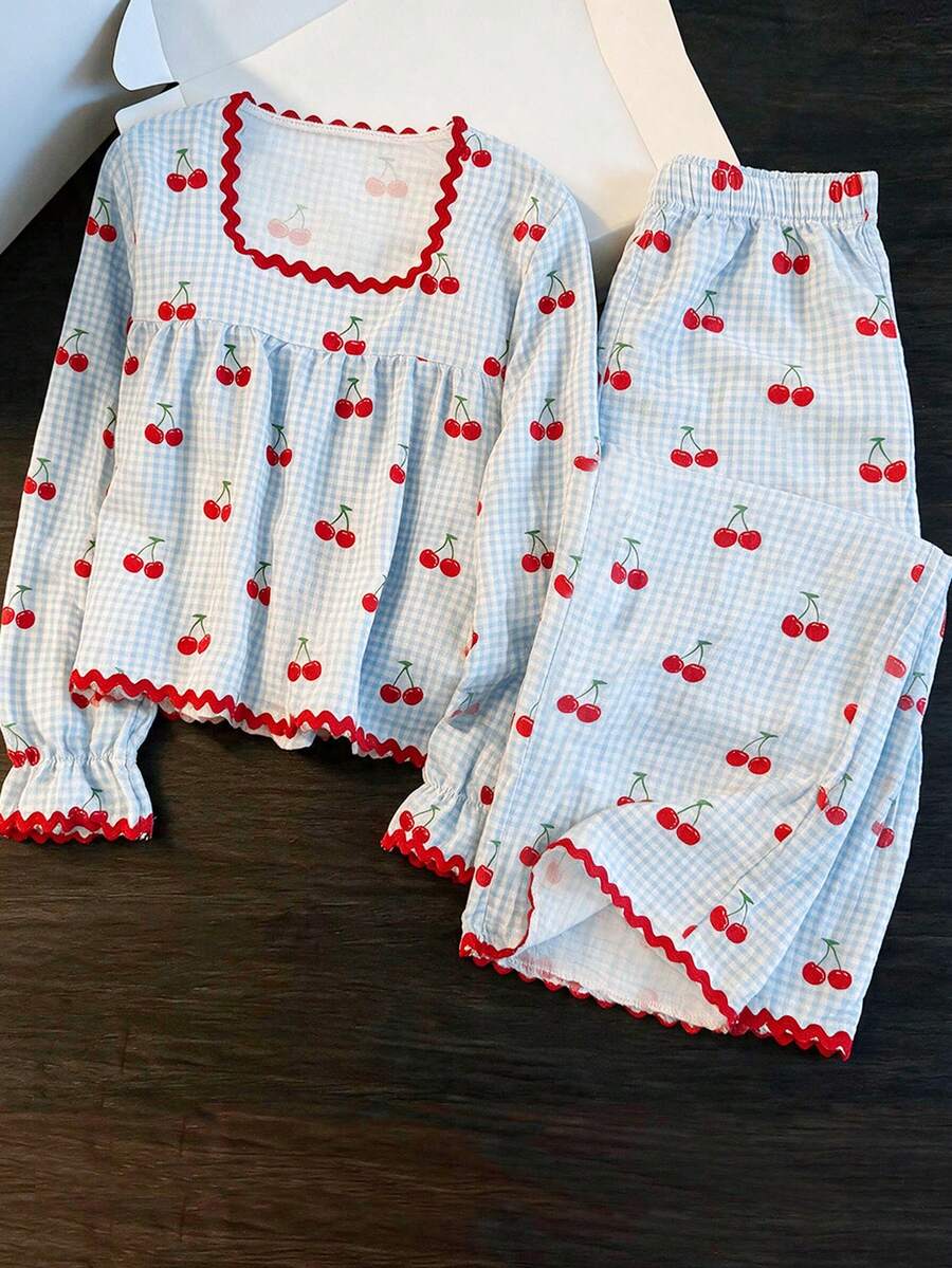 Autumn Girls Cherry Print Blue Pajama Set 2pcs, Red Wavy Edge Long Sleeve Top + Pants, Soft & Loose Fit, Suitable For Teenagers Home Casual Wear - Blue - View 1