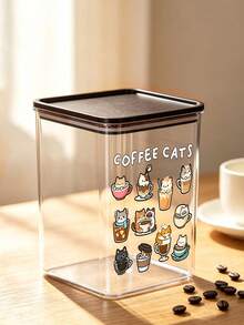 Cute Cup Cat And "Coffee Cats" Letter Pattern Coffee Storage Box, Sealed Plastic Food Jar, Large Capacity, Dustproof And Moisture-Proof, Kitchen Countertop Coffee Area Storage Box, Decoration, Kitchen Countertop Storage, Coffee Enthusiast Gift - Multicolor - View 8