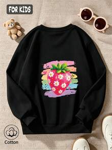 Girls' Cute Printed Drop-Shoulder Round-Neck Long-Sleeve Casual Sports Sweatshirt - Black - View 3