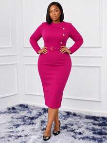 NOU Women's Mid-Length Basic Fitted Long Sleeve Dress With Contrast Panel, Round Neck, Side Chest Button Decor, Belt, Waist-Cinching Bodycon Pencil Skirt - Hot Pink - View 6