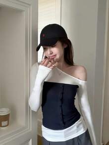 Colorblock Patchwork Asymmetrical Shoulder Long Sleeve T-Shirt, Slim Fit Casual Women's Top, Autumn - Navy Blue - View 5