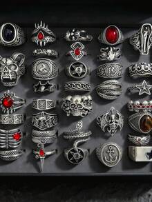 10pcs Unisex Vintage Punk Gothic Skull Bat Geometric Ring Set, Personalized Hip Hop Style Party Gift Daily Jewelry Accessories Random Styles - 10-piece Assorted Vintage Punk Ring Set - View 3