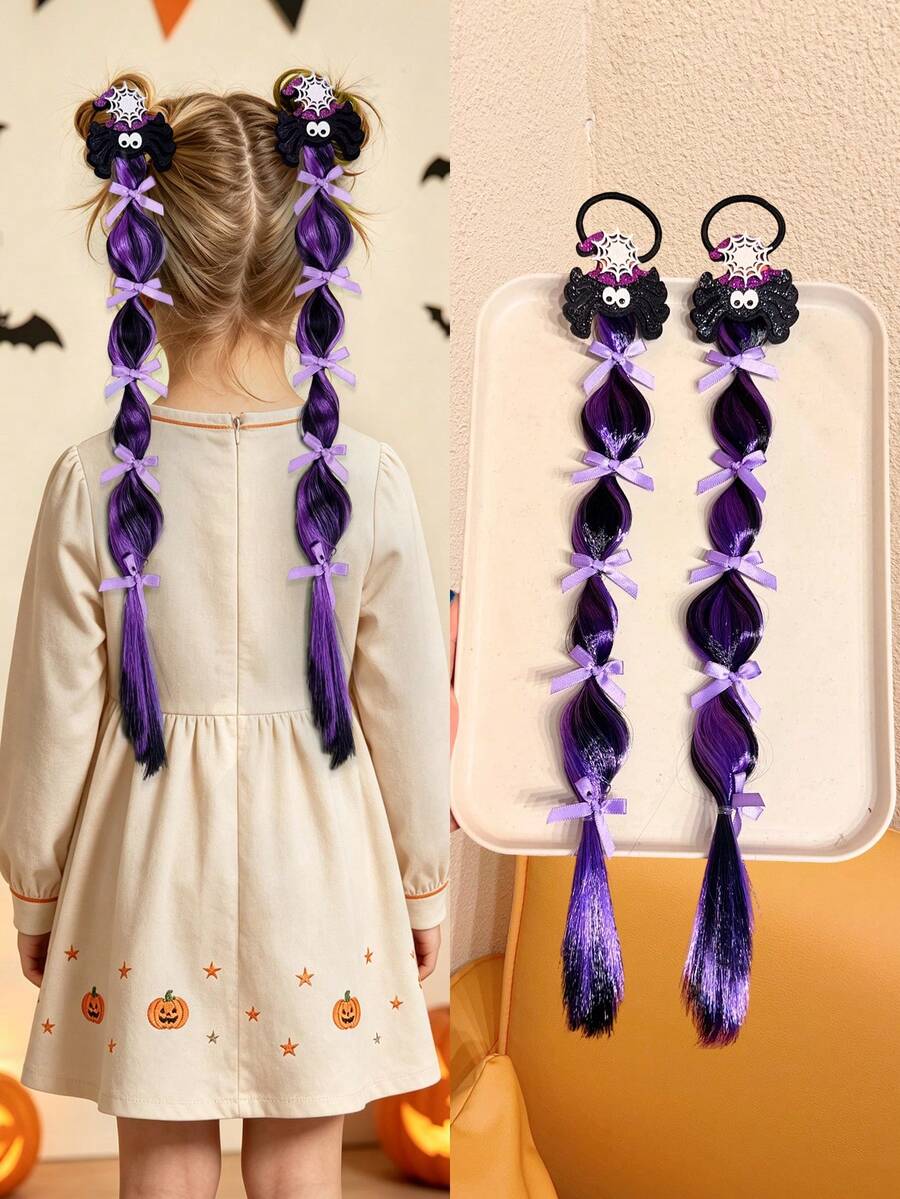 2pcs Girls Purple & Black Contrast Spider Hair Extensions Braided Hair Ties, High Elasticity, Fun Atmosphere Theme Holiday Costume Hair Accessories - Multicolor - View 1