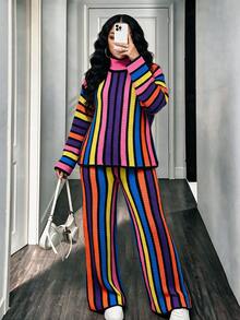 DVSLOE Women Y2K Rainbow Striped Fall Winter 2 Pieces Outfit, Turtleneck Long Sleeve Knit Top & Flared Pants Matching Set For Daily, Going Out - Multicolor - View 6