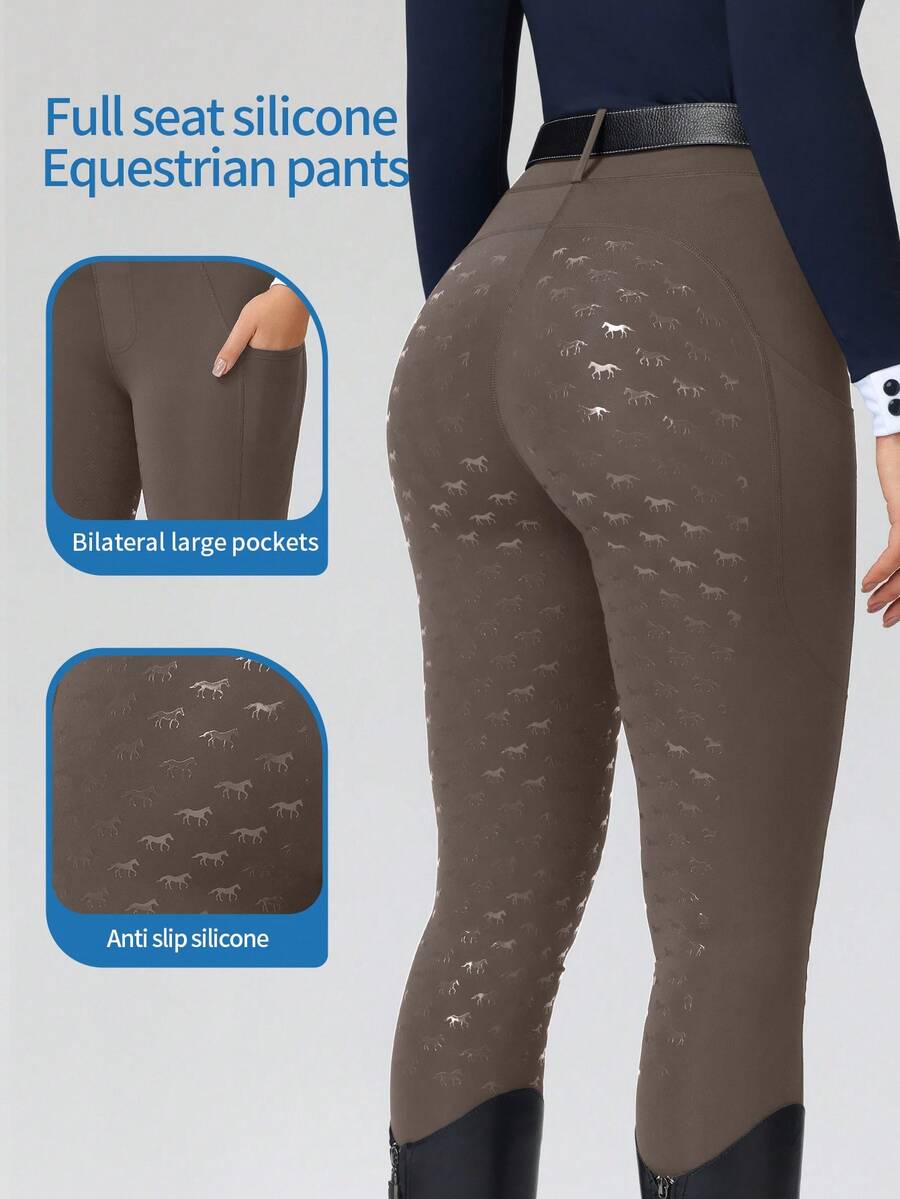 ROYALS MATTINI Women's High Waisted Slim Fit Equestrian Pants With Full Seat Silicone Grip And Convenient Pocket, Professional And Comfortable Fall Sports - Coffee Brown - View 1