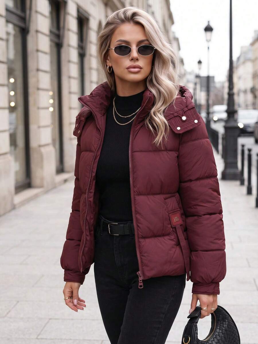 Women's Quilted Puffer Jacket With Detachable Hood, Zip Front And Side Pockets - Burgundy - View 1