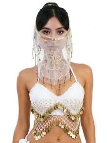 Mesh Hollow Coin Pendant Neck Top, Beaded Floral Tassel Veil, Suitable For Bar, Dance Party, Middle Eastern Exotic Dance Performance, Multiple Colors Available - Multicolor - View 5