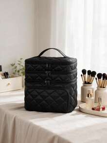 1pc Black Large Capacity 3-Layer Makeup Bag, Multi-Compartment Design Handheld Storage Bag, Multi-Functional Toiletry Bag, Suitable For Daily Use And Travel - Black - View 3