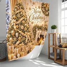 1pc/4pcs Gold Christmas Tree Pattern Multifunctional Bathroom Decor Shower Curtain Set Free 12 Hooks Premium Holiday Atmosphere Bathroom Mat U-Shaped Floor Mat And Round Toilet Lid Cover Suitable For All Scenes Decoration Bathroom Set - Gold Christmas Tree 3 - View 2