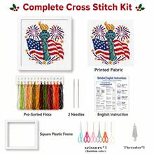 2pcs Independence Day Theme Mesh Embroidery Kit 18Mesh 15*15cm Pre-Printed Flag/Torch Pattern With White Frame And Scissors Threader, Beginner Zero-Base Stress Relief Handmade Small Desktop Decor Creative Gift - Multicolor - View 12