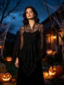 1pc Women's Spider Web Lace Cape, Gothic Bride Shawl, Halloween Party Costume Cloak, Cosplay Outfit Accessory - Multicolor - View 3