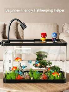 1pc Fish Tank With Lid, Fish Tank Set, Home Aquarium, Small-Medium Hydroponic Fish Tank, Living Room Transparent Goldfish Tank, Desktop Mini Fish Tank With Landscaping - Black - View 3