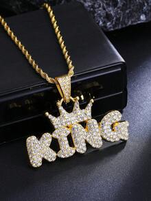 1pc New Elegant Full Rhinestone Crown Letter KING Pendant Necklace, High-End Personalized Long Stainless Steel Sweater Necklace For Men's Daily Wear - New Crown KING Necklace - View 11