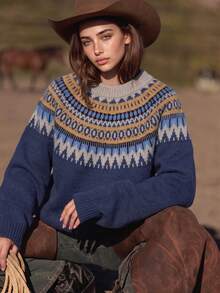 Western Boho Fair Isle Geometric Print Casual Sweater For Women, Autumn Outfit, Vacation Wear - Blue - View 4