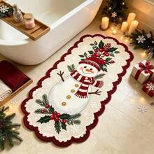 1pc Asymmetrical Wavy Edge Snowman Christmas Long Runner Rug, Cute Festive Long Floor Mat, Soft Plush Skin-Friendly Fabric With Non-Slip Backing, Durable And Easy To Clean, Suitable For Bedroom, Hallway, Entryway, Kitchen, Perfect For Christmas And Winter Holiday Home Decor - Multicolor - View 2