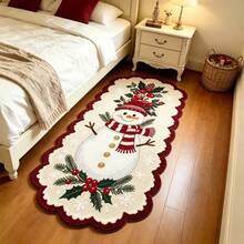 1pc Asymmetrical Wavy Edge Snowman Christmas Long Runner Rug, Cute Festive Long Floor Mat, Soft Plush Skin-Friendly Fabric With Non-Slip Backing, Durable And Easy To Clean, Suitable For Bedroom, Hallway, Entryway, Kitchen, Perfect For Christmas And Winter Holiday Home Decor - Multicolor - View 5