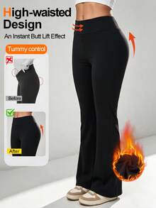 Casual High Waist Elastic Sports Pants Flared Pants Sweatpants Thermal Lined Leg Suitable For Autumn And Winter Petite Women - Black - View 1
