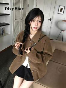 Korean Style Autumn/Winter Petite Fit Lapel Long Sleeve Wool Blend Jacket - Coffee Brown - View 1