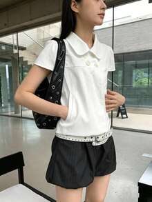 YCYC 韓式風格夏季極簡設計條紋女款短褲 - 黑色 - 查看 3