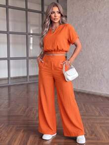 Women's Spring/Summer Casual Daily Vacation 2 Pieces Set, Autumn V-Neck Lightweight Non-Stretch Short Sleeve Home/Commute Elegant 2 Pieces Set, Suitable For Casual Commute, Vacation, Dating And Outdoor Activities - Orange - View 2
