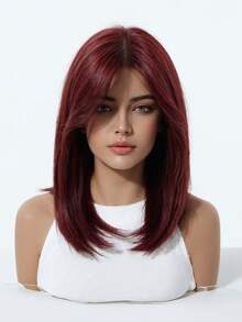 16 Inch Women's Short Burgundy/Gradient Gray Layered Clavicle Length Wig, Natural Straight Look Heat-Resistant Fiber, Breathable Rose Net Cap, Suitable For Daily Wear, Commuting, Party, Date, Fashion Head Accessory - Multicolor - View 2