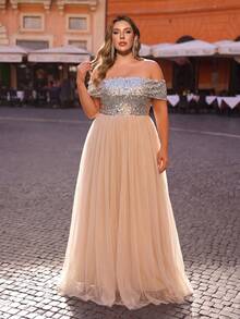 Plus Size Elegant Luxury Apricot Off-Shoulder Open Back Sequin Mesh Patchwork Maxi Wedding Party Evening Gown - Apricot - View 1