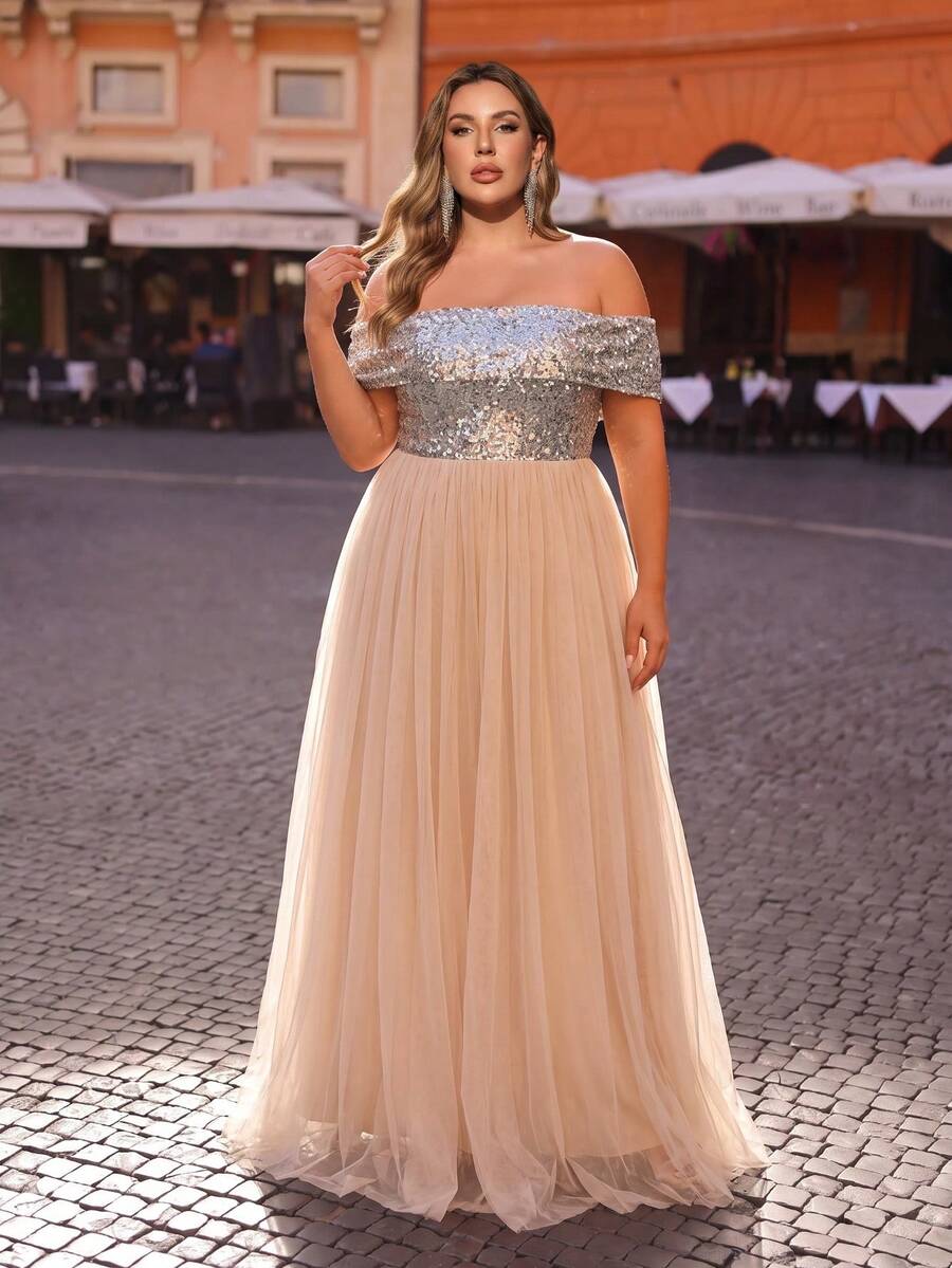 Plus Size Elegant Luxury Apricot Off-Shoulder Open Back Sequin Mesh Patchwork Maxi Wedding Party Evening Gown - Apricot - View 1