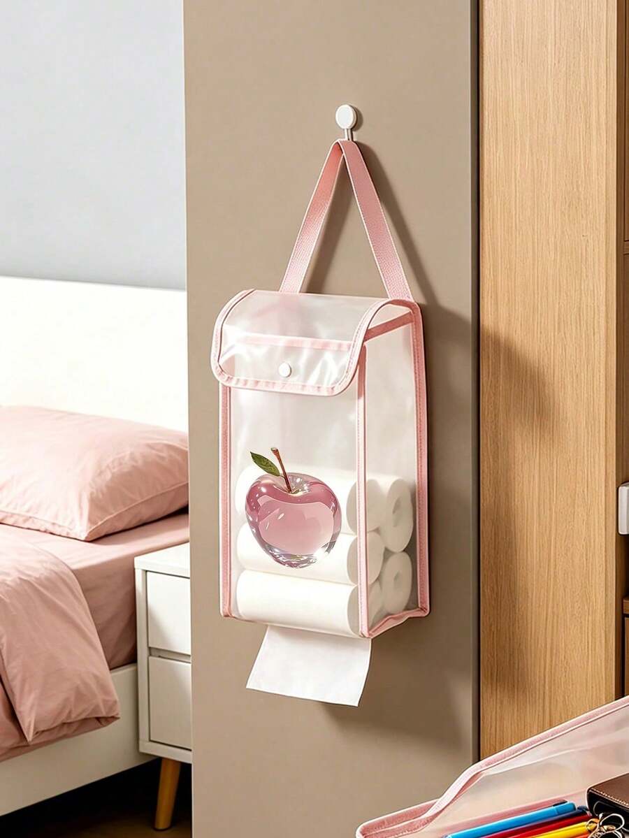 Household Toilet Paper Storage Bag, Tissue Holder, Printed With Bow, Crystal Effect Apple And Cherry Patterns. Large Capacity Toilet Paper Storage Bag, Multi-Functional Hanging Storage Box, Waterproof No-Drill Hanging Storage Bag, Suitable For Kitchen, Bathroom, Bedroom, Office, Dining Room, Home Essential - Multicolor - View 1