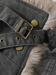 Faux Fur Washed Collar Workwear Parka Coat Warm Loose Down Jacket Button Up Top College Office Daily Winter - Grey - View 4