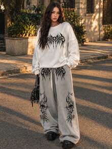 Autumn/Winter White & Grey 2pcs Set Sportswear Round Neck Sweatshirt Straight Leg Pants "Gothic Dark Thorn" Print Street Casual Wear - Multicolor - View 1