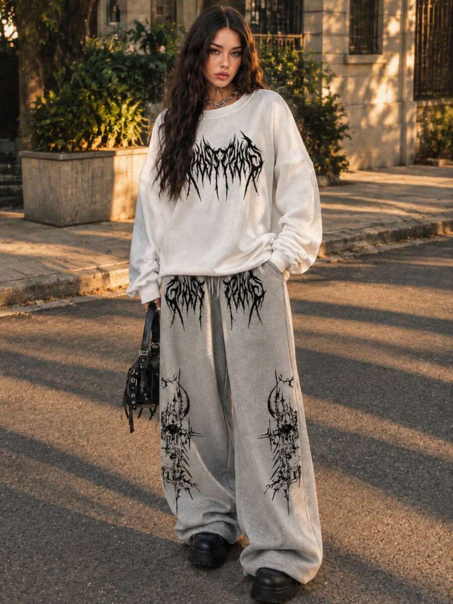 Autumn/Winter White & Grey 2pcs Set Sportswear Round Neck Sweatshirt Straight Leg Pants "Gothic Dark Thorn" Print Street Casual Wear - Multicolor - View 1