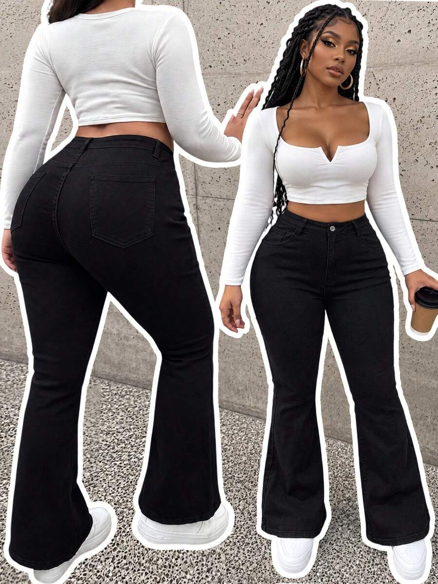 Plus Size Denim Flare Pants With Zipper Decor, Long Length, Mid-Stretch Y2K Style Women's Bottoms - Black - View 1