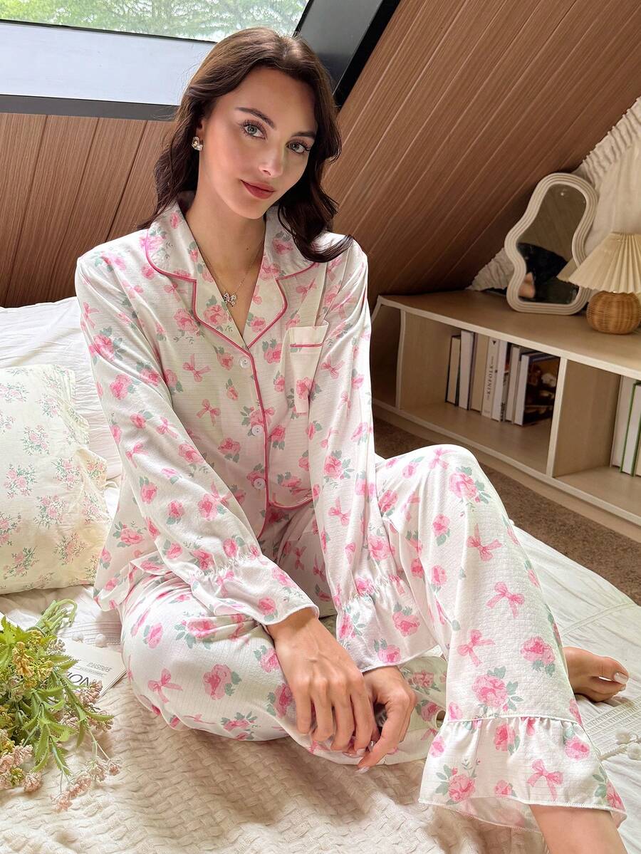 Sweet Style Rose & Bow Print Pajama Set, Ruffle Hem Lantern Sleeve Top + Long Pants, Women's Autumn/Winter Home Sleepwear - Pink - View 1