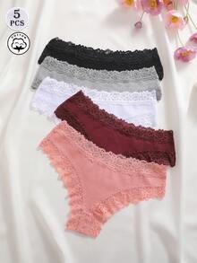 5pcs/Set Solid Color Lace Trim Striped Breathable Sexy Women's Panties - Multicolor - View 2