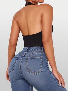 Women's Sexy Deep V-Neck Backless Halter One-Piece Swimsuit, Summer - Black - View 5