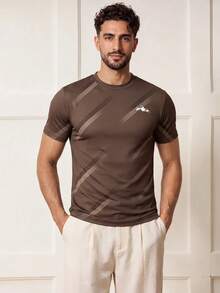 Voidago Men's 3D Pattern T-Shirt - Casual Polyester Knit Fabric, Short Sleeve, Round Neck, Mountain Pattern, Brown/Black, Essential For Summer - Multicolor - View 1
