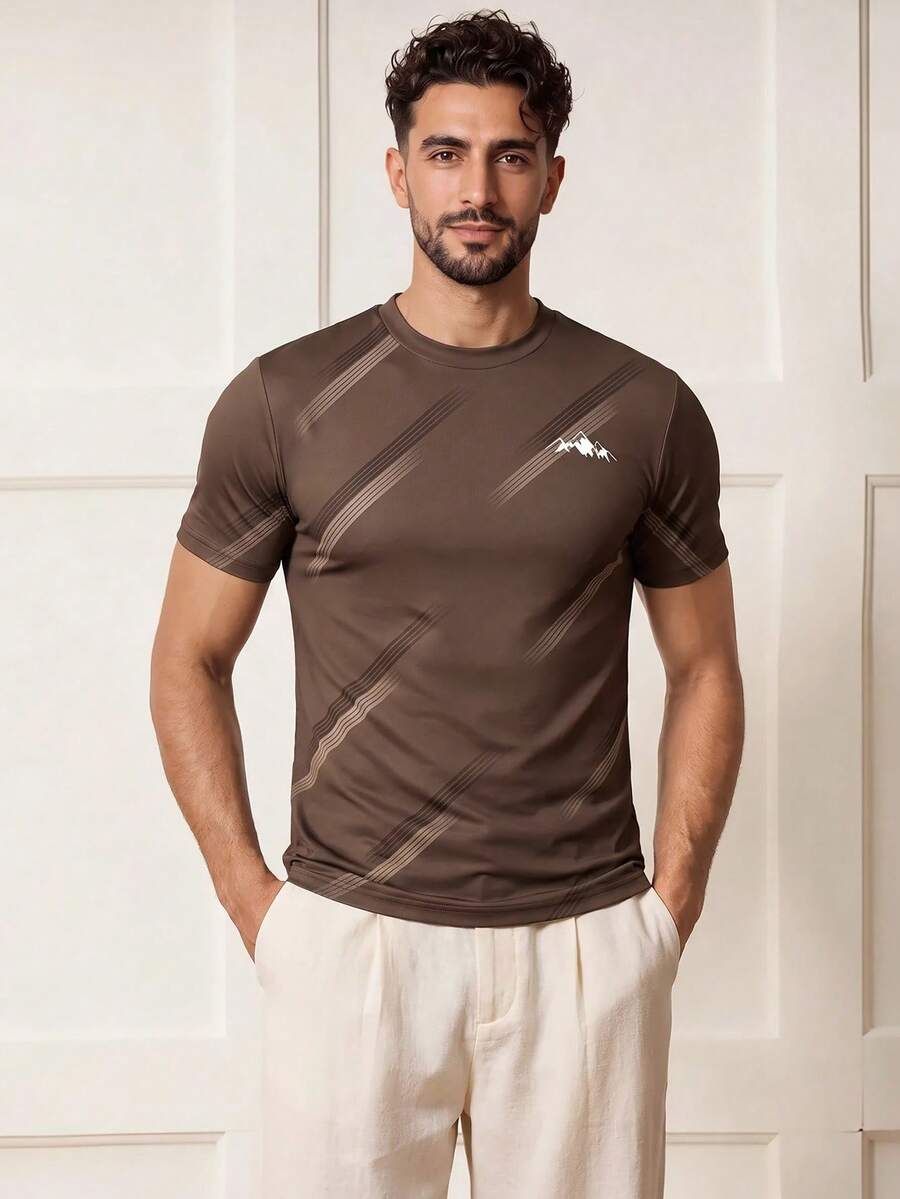 Voidago Men's 3D Pattern T-Shirt - Casual Polyester Knit Fabric, Short Sleeve, Round Neck, Mountain Pattern, Brown/Black, Essential For Summer - Multicolor - View 1