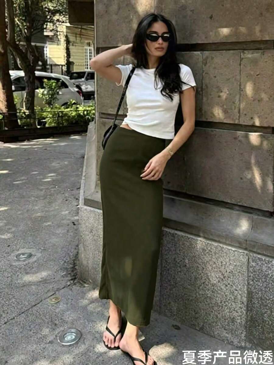 橄欖綠修身長直筒裙,女款時尚聚酯纖維休閒派對裙,百搭可愛,適合日常穿著、夏季度假、海灘、音樂節與夏日假期 - 軍綠色 - 查看 1
