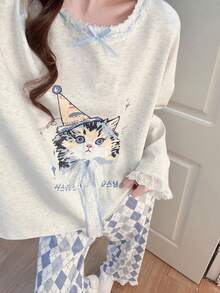 2pcs/Set Women's Pajamas Loungewear Set, Round Neck Pullover Cute Cat Print Long Sleeve Pants, Easy Care Fabric - Light Grey - View 9